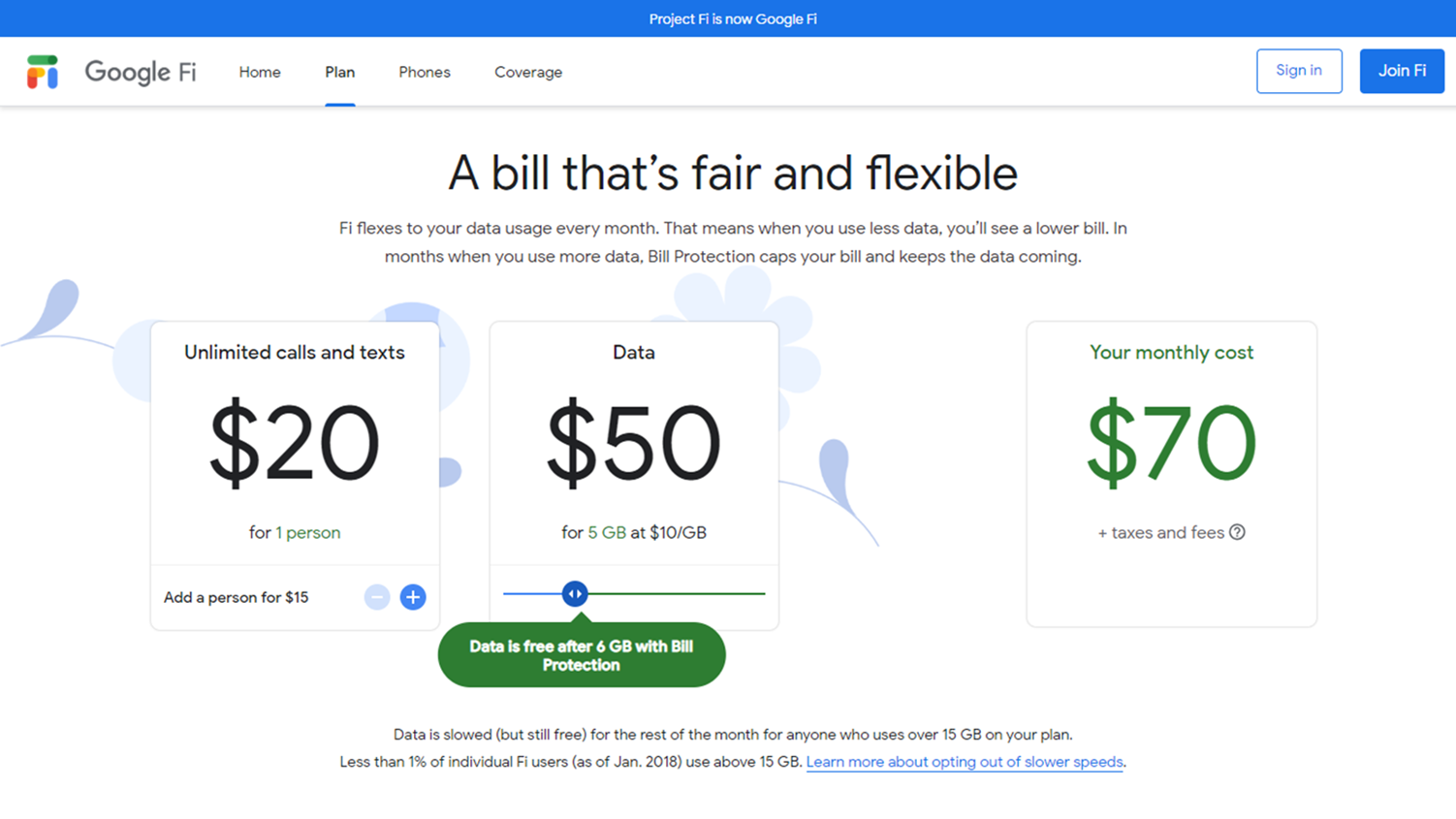 （Google Fi 的費率是根據使用者用量來進行調整／圖：取自 Google Fi Plan）